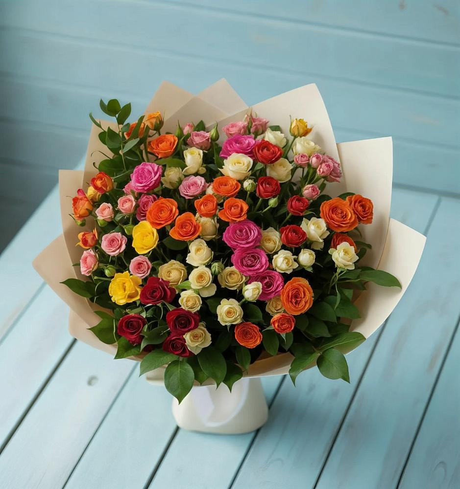 Букет Микс из разноцветных кустовых роз в Совхозном Краснодарский край