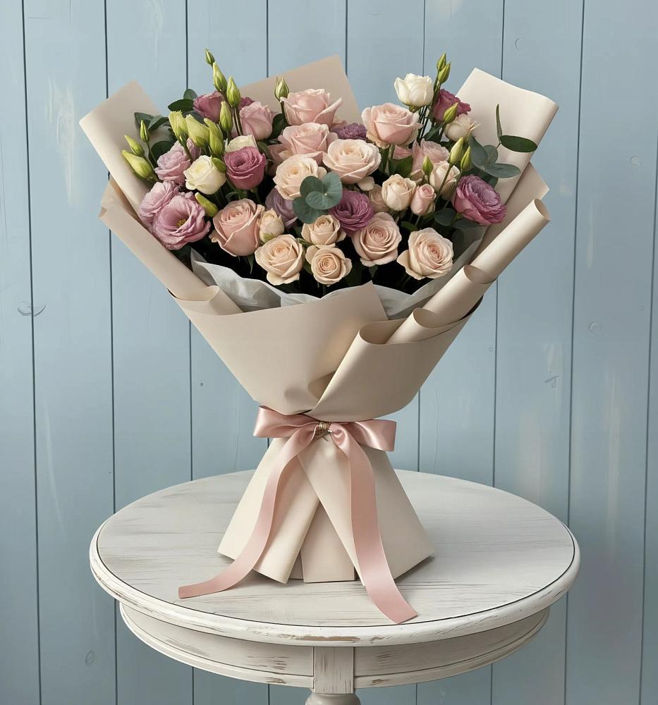 Букет цветов из: Розы и Лизиантусы в Совхозном Краснодарский край